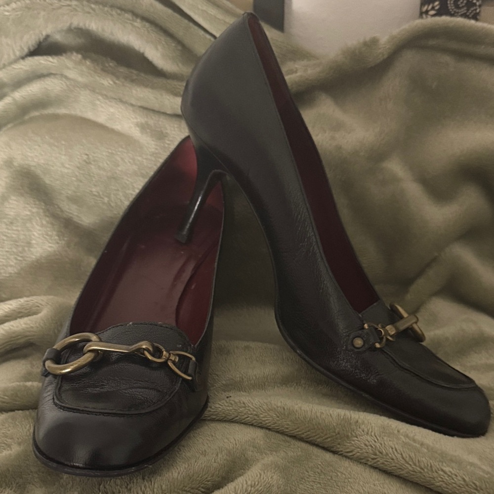 Coach Black Leather Heels with Gold Accent